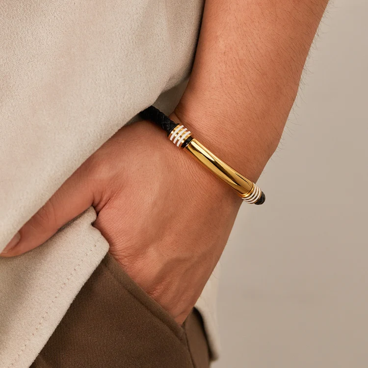 OPK PH1586 Simple Men Leather Bracelet Stainless Steel Magnetic Insert Buckle Bracelet, Color: Gold - Image 2