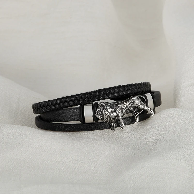 OPK PH1588 Personalized Retro Stainless Steel Lion Accessory Multi-Layer Braided Leather Bracelet - Image 2