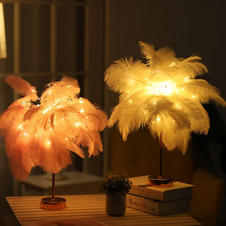 Ostrich Feather Table Lamp Wrought Iron Night Light LED Copper Wire Lamp(Grey) - Image 3