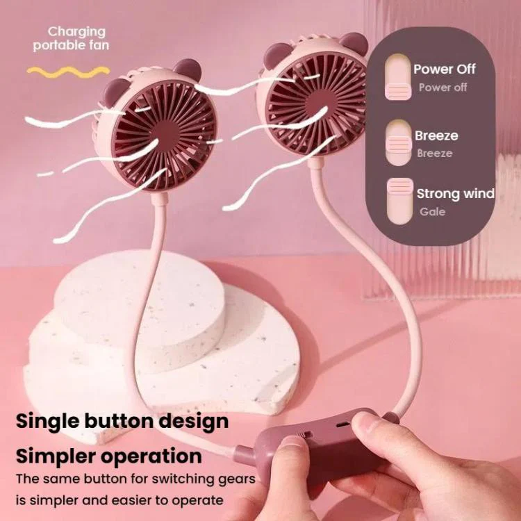 Outdoor Folding Mini Neck Fan Portable USB Rechargeable Summer Gift Fan, Color: Bear Pink Purple - Image 7