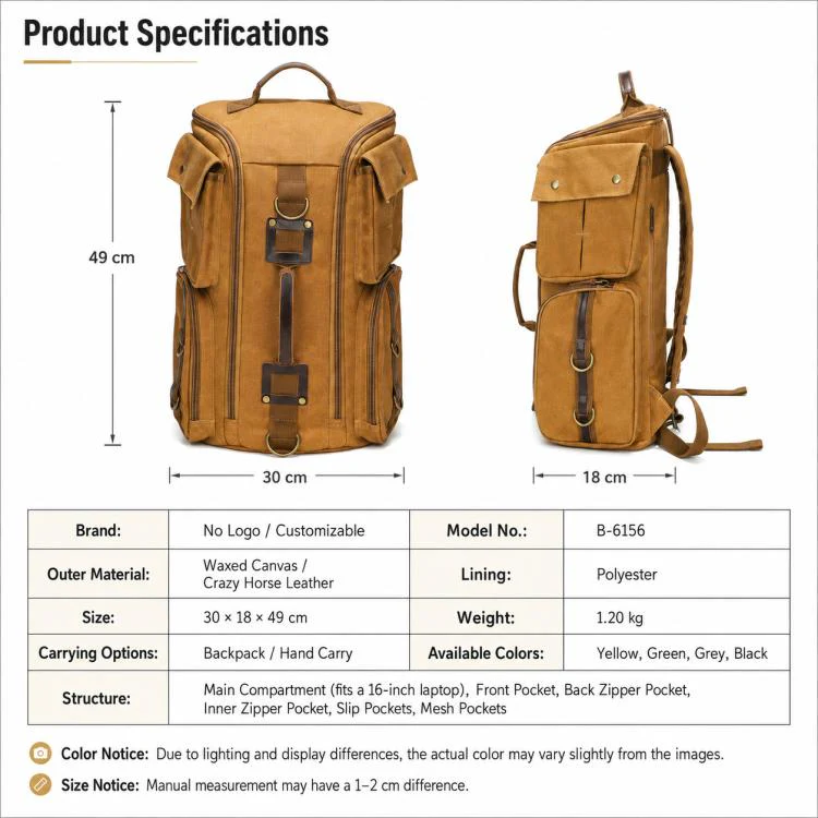 Outdoor Large Capacity Waterproof Travel Men Canvas Backpack(Earthy Yellow) - Image 3