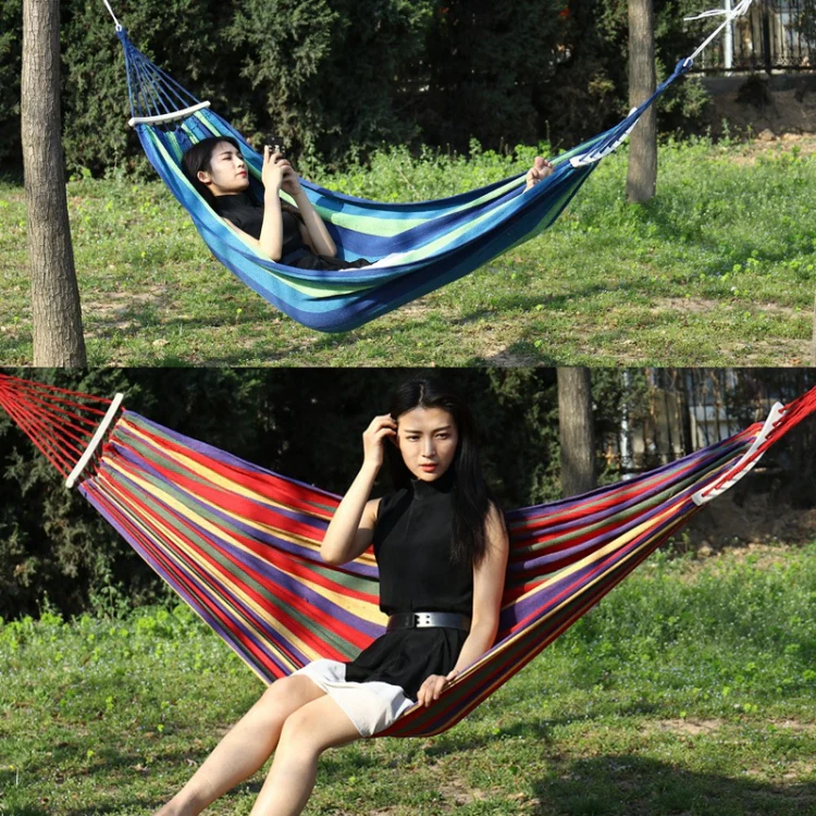 Outdoor Rollover-resistant Double Person Canvas Hammock Portable Beach Swing Bed with Wooden Sticks, Size: 190 x 150cm(Blue) - Image 9