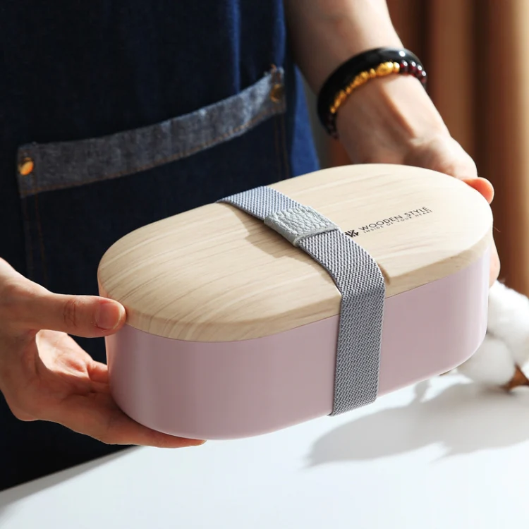 Oval Simple Lunch Box Wooden Sushi Sealed Leak-proof Lunch Box with Cutlery(Pink) - Image 9