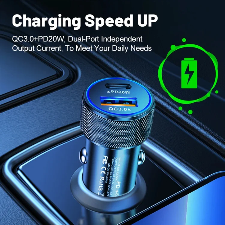P19 Metal PD20W USB-C + QC18W USB Car Charger with Type-C to 8 Pin Date Cable(Silver Gray) - Image 5