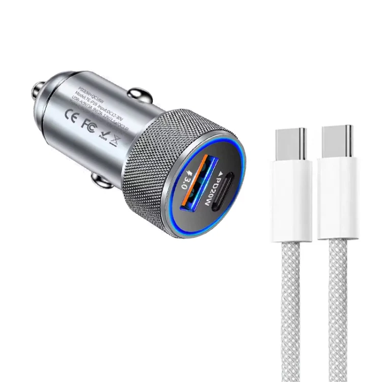 P19 Metal PD20W USB-C + QC18W USB Car Charger with USB-C to USB-C Date Cable for iPhone 15 series(Silver Gray)
