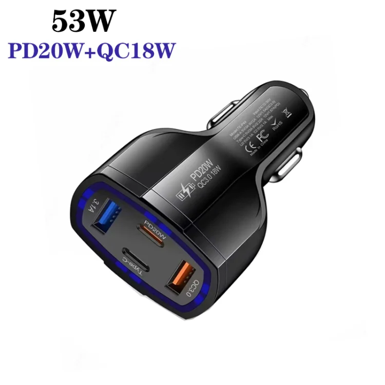 P49 53W PD20W Type-C + USB 4-port Car Charger with USB to Micro USB Data Cable(Black) - Image 2