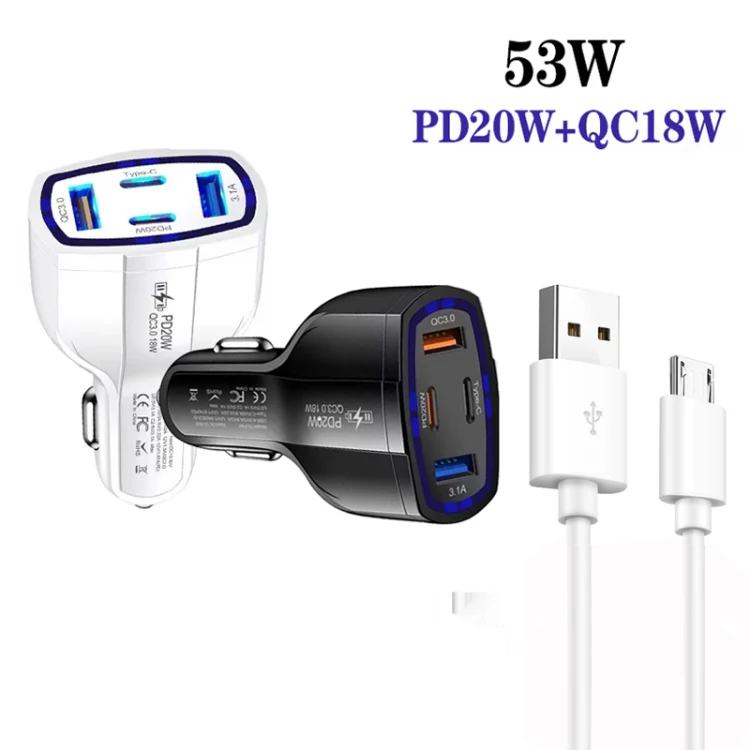 P49 53W PD20W Type-C + USB 4-port Car Charger with USB to Micro USB Data Cable(Black) - Image 3