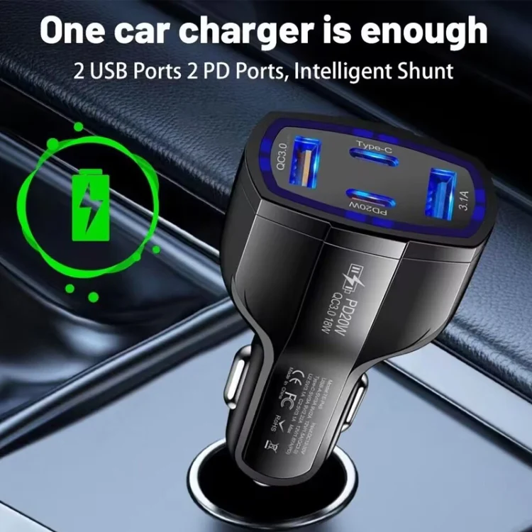 P49 53W PD20W Type-C + USB 4-port Car Charger with USB to Micro USB Data Cable(Black) - Image 5