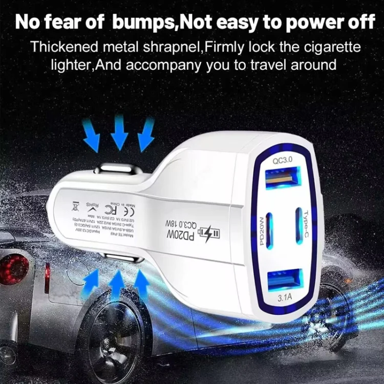 P49 53W PD20W Type-C + USB 4-port Car Charger with USB to Micro USB Data Cable(Black) - Image 6