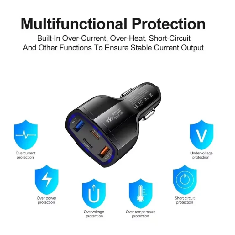 P49 53W PD20W Type-C + USB 4-port Car Charger with USB to Type-C Data Cable(Black) - Image 6