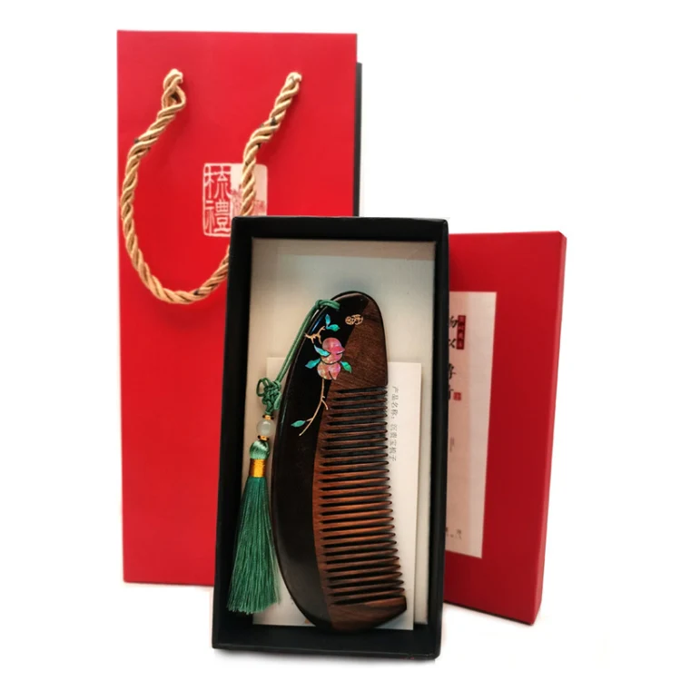 Peach and Plum Spring Breeze Sandalwood Comb Lacquer Art Painted Craft Comb,Package: Gift Box - Image 2