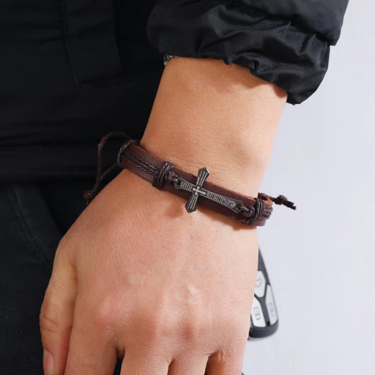 Personalized Hand-Woven Leather Bracelet Simple Pull-Out Adjustable Vintage Wristbands(Brown) - Image 5