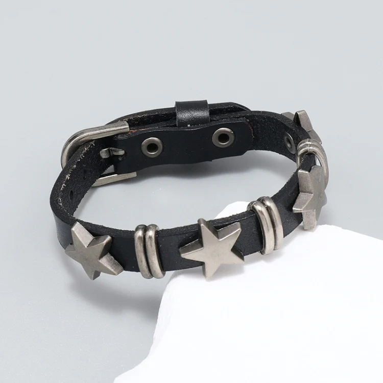 Personalized Street Punk Style Bracelet Pentagram Vintage Cowhide Bracelet(Dark Brown) - Image 4