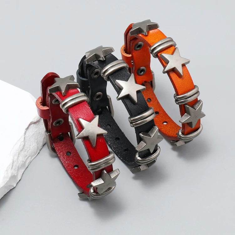 Personalized Street Punk Style Bracelet Pentagram Vintage Cowhide Bracelet(Orange) - Image 2