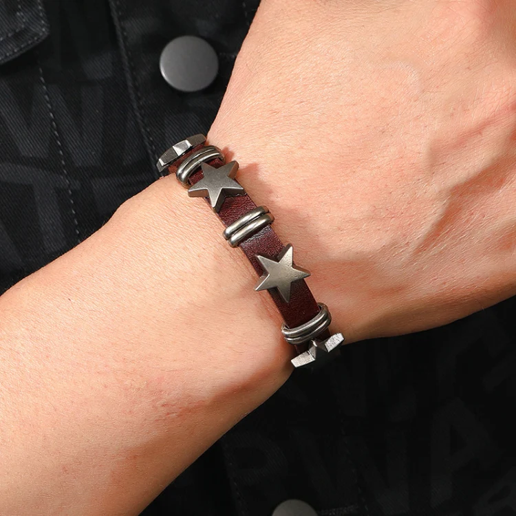 Personalized Street Punk Style Bracelet Pentagram Vintage Cowhide Bracelet(Orange) - Image 7