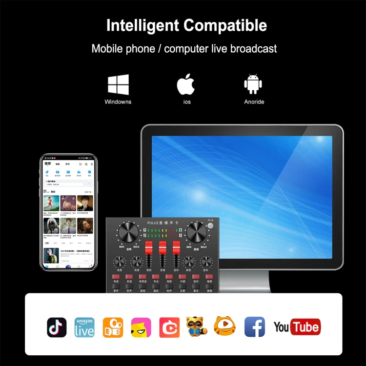 PULUZ Live Broadcasting Sound Card Bluetooth Karaoke Singing Recording Sound Mixer for Mobile Phone / Computer / Laptop / Tablet PC, Chinese Version(Black) - Image 8