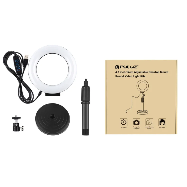 PULUZ Round Base Desktop Holder + 4.7 inch 12cm 3 Modes USB Dimmable LED Ring Vlogging Video Light, Adjustable Height: 15.5cm-25.5cm - Image 8