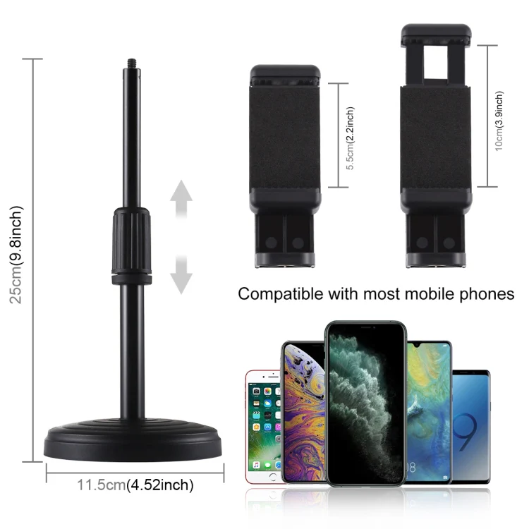 PULUZ Round Base Desktop Holder Mount with Phone Clamp, Adjustable Height: 15.5cm-25.5cm - Image 3