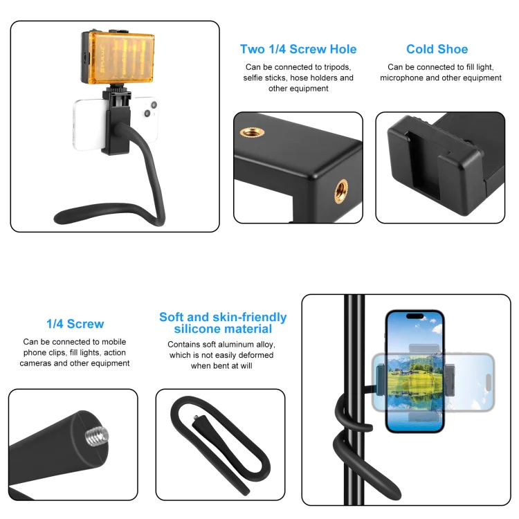 PULUZ Silicone Flexible Clip Mount Holder with Phone Clamp for Phones / GoPro (Black) - Image 3