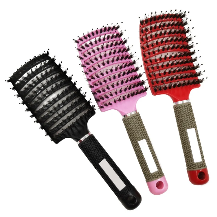 Retro Boar Bristles Hairdressing Big Curved Comb Curly Hair Massage Comb(Pink) - Image 2