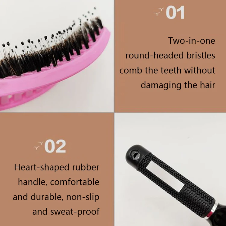 Retro Boar Bristles Hairdressing Big Curved Comb Curly Hair Massage Comb(Pink) - Image 4
