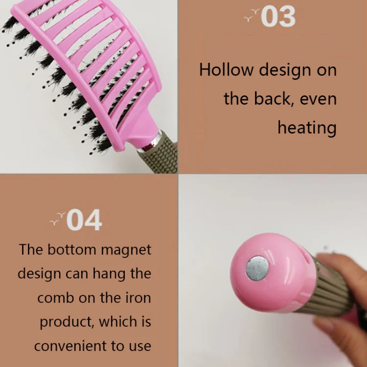 Retro Boar Bristles Hairdressing Big Curved Comb Curly Hair Massage Comb(Pink) - Image 5