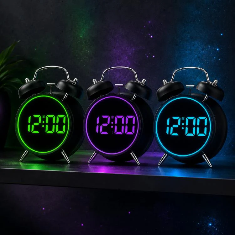 Retro Twin Bell Digital Alarm Clock Loud Bedside Clock with Colorful Glowing Ring Silent LED Desktop Clock with USB & Battery Backup(HL-8891 Black+Green) - Image 3