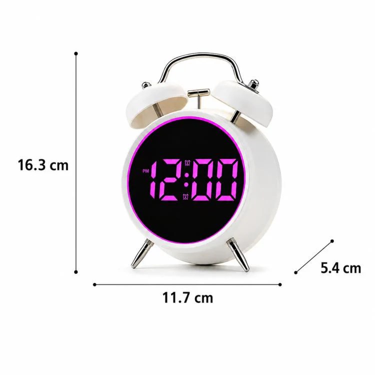Retro Twin Bell Digital Alarm Clock Loud Bedside Clock with Colorful Glowing Ring Silent LED Desktop Clock with USB & Battery Backup(HL-8891 Black+Green) - Image 6