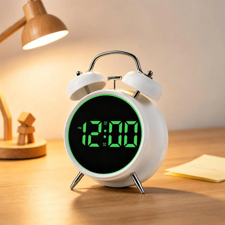 Retro Twin Bell Digital Alarm Clock Loud Bedside Clock with Colorful Glowing Ring Silent LED Desktop Clock with USB & Battery Backup(HL-8891 White+Green)