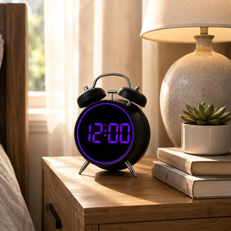 Retro Twin Bell Digital Alarm Clock Loud Bedside Clock with Colorful Glowing Ring Silent LED Desktop Clock with USB & Battery Backup(HL-8891 White+Purple) - Image 4