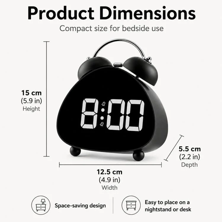 Retro Twin Bell Digital Alarm Clock Super Loud Mechanical Bell-Ringing LED Desk Clock With Backlight(HL-8898 Black) - Image 5