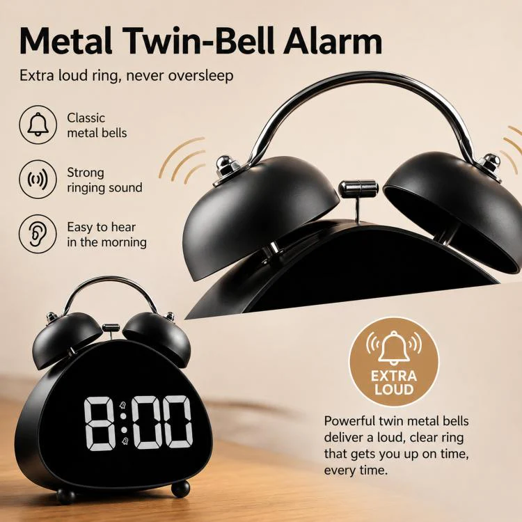 Retro Twin Bell Digital Alarm Clock Super Loud Mechanical Bell-Ringing LED Desk Clock With Backlight(HL-8898 Black+Blue) - Image 3