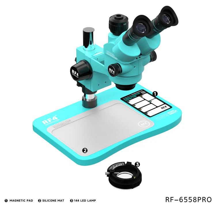 RF4 RF-6558Pro 6.5-58X Trinocular Stereo Microscope with Big Base, Silicone Pad, Screw Pad(Blue) - Image 3