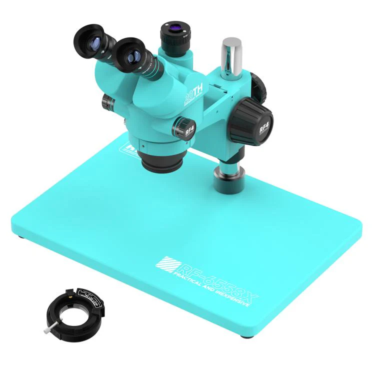 RF4 RF-6558X 6.5-58X Synchronous Zoom Trinocular Stereo Microscope with Aluminum Alloy Big Base(Blue)