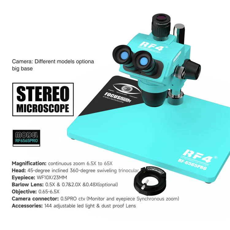 RF4 RF-6565Pro 6.5-65X Synchronous Zoom Trinocular Stereo Microscope with Aluminum Alloy Base(Blue) - Image 11
