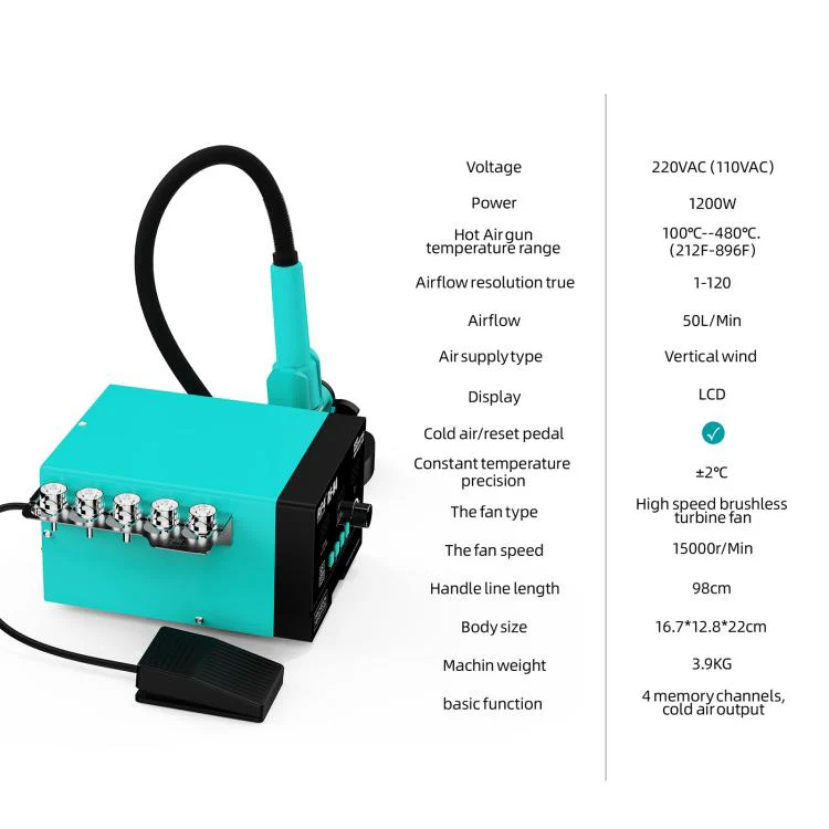 RF4 RF-H4 1200W 4 Memory Channels Hot Air Gun Digital Display Intelligent BGA Rework Station with Cold Air Pedal(EU Plug) - Image 5