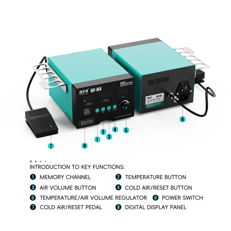 RF4 RF-H4 1200W 4 Memory Channels Hot Air Gun Digital Display Intelligent BGA Rework Station with Cold Air Pedal(EU Plug) - Image 6