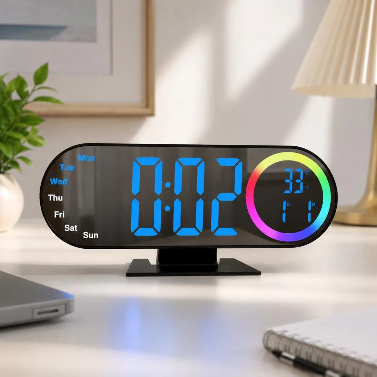 RGB Mirror Digital Alarm Clock With LED Night Light Temperature Week Display(Blue Light)