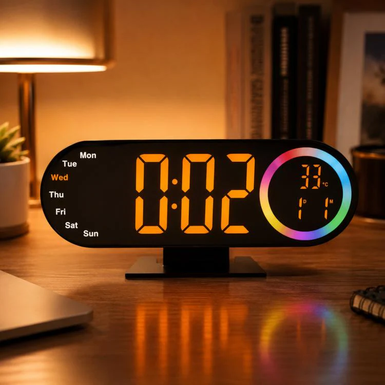 RGB Mirror Digital Alarm Clock With LED Night Light Temperature Week Display(Orange Light)