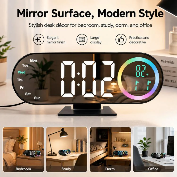 RGB Mirror Digital Alarm Clock With LED Night Light Temperature Week Display(Orange Light) - Image 3