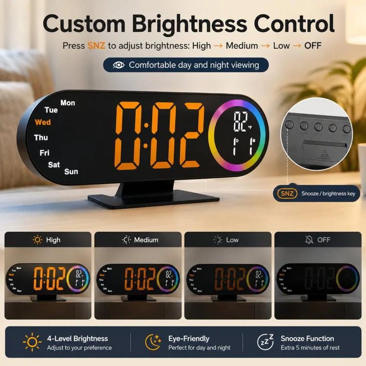 RGB Mirror Digital Alarm Clock With LED Night Light Temperature Week Display(Orange Light) - Image 4