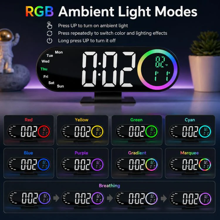 RGB Mirror Digital Alarm Clock With LED Night Light Temperature Week Display(Orange Light) - Image 5