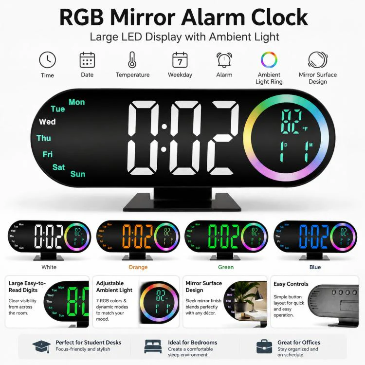 RGB Mirror Digital Alarm Clock With LED Night Light Temperature Week Display(Orange Light) - Image 6
