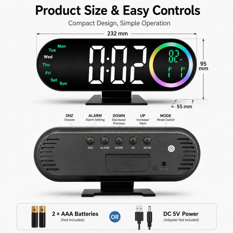 RGB Mirror Digital Alarm Clock With LED Night Light Temperature Week Display(Orange Light) - Image 7