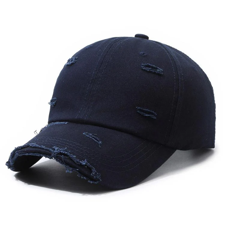 Ripped Baseball Cap Solid Color Distressed Casual Sun Hat, Color: Navy Blue