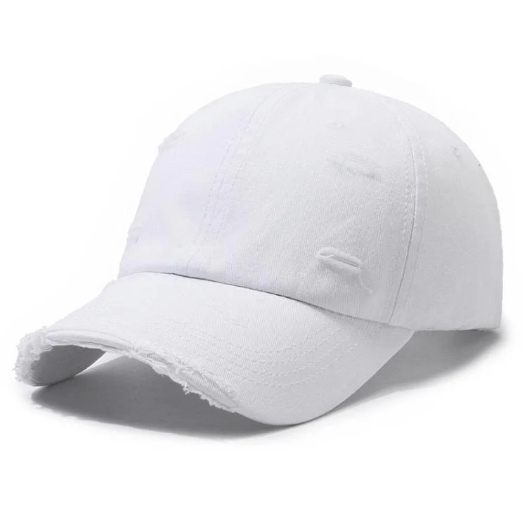 Ripped Baseball Cap Solid Color Distressed Casual Sun Hat, Color: White