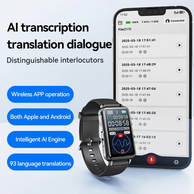 S18A 1.47-inch Screen AI Dialogue Translation Voice Recording Bracelet Support AIREC-APP, Memory:64GB(Black) - Image 3