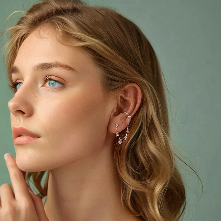 S925 Sterling Silver Fine Zircon Tassel Ear Bone Clip Earrings(BSE1088) - Image 7