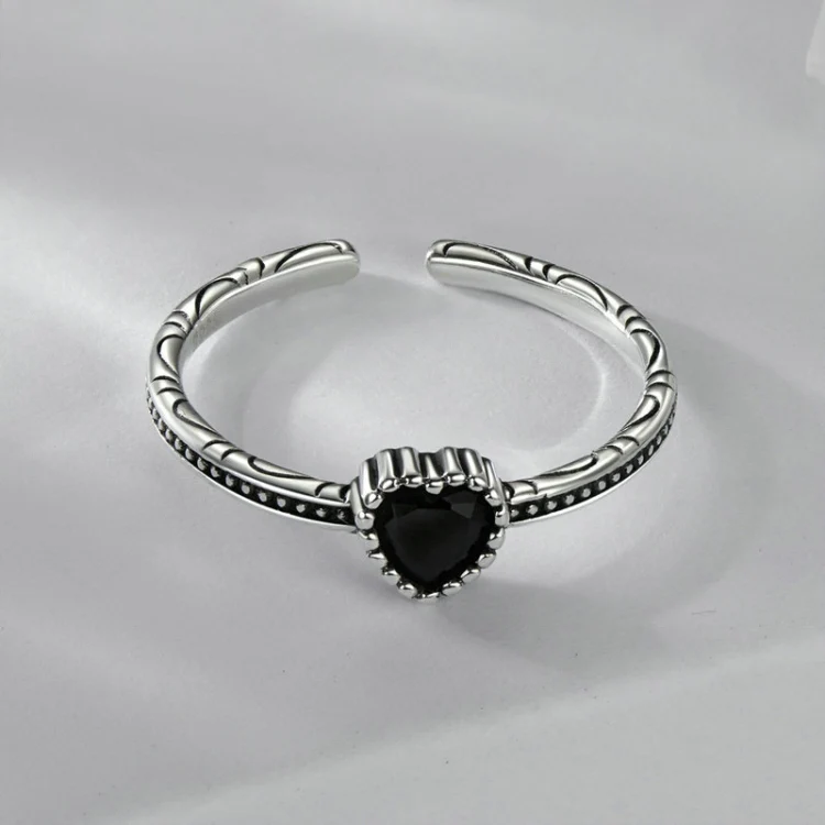 S925 Sterling Silver Oxidized Heart Of The Night Open Ring Adjustable Heart-shaped Ring(SCR1074-E) - Image 2