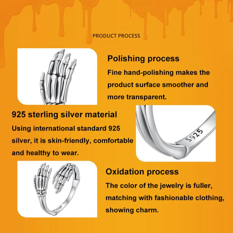 S925 Sterling Silver Oxidized Skeleton Hand Adjustable Open Ring(BSR608-E) - Image 4